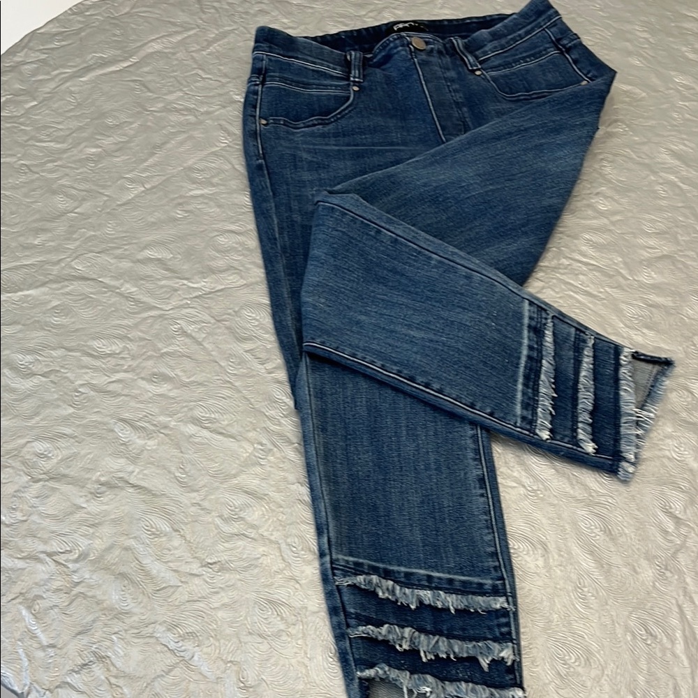 APNY Women's Pull On Blue Jeans with Layered Fringe bottom